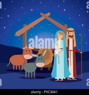 holy family with mule and ox manger characters Stock Vector