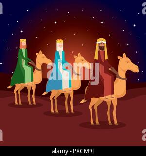 wise kings in camels manger characters Stock Vector