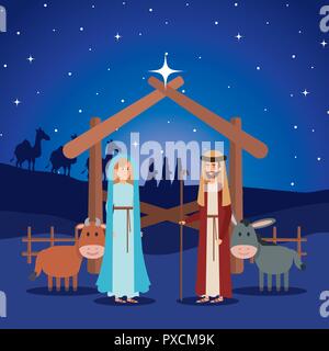 virgin mary and saint joseph with animals Stock Vector