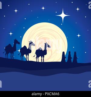 wise kings in camels manger characters Stock Vector
