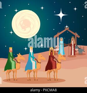 wise kings in camels manger characters Stock Vector