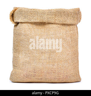 Empty burlap bag or sackcloth bag, isolated on white background. Front view, design element. Stock Photo