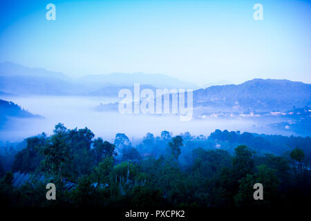 Village land covered by fog Stock Photo