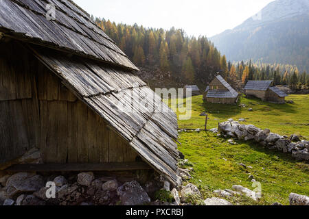 colorful alpine meadow and wooden huts in autumn, Slovenia, Stock Photo