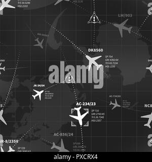 Detailed black and white radar display with planes and target signs seamless pattern Stock Vector