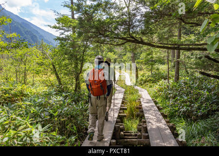 Hiking in Japanese mountains, Kamikochi, Japan Stock Photo