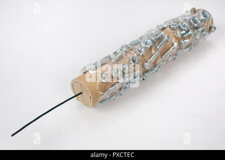 Hand made pipe bomb with slow match or match cord on white background Stock Photo