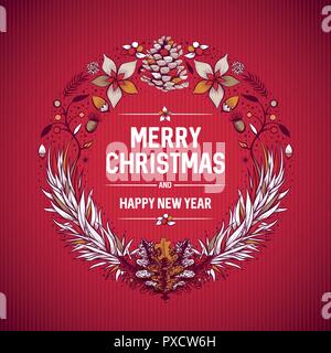 Vector round Christmas frame with hand drawn natural winter elements. Christmas greeting card design. Stock Vector
