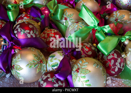 UK, England, Yorkshire, Castle Howard at Christmas, Great Hall, old fashioned Christmas Tree decoration baubles Stock Photo