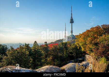 seoul tower and city wall in seoul, south korea Stock Photo