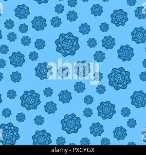 Many ornate blue snowflakes on light blue background for Xmas wrapping paper Stock Vector