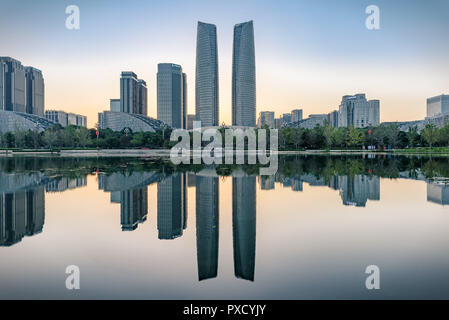 The financial city at sunset time in Chengdu, China. Stock Photo
