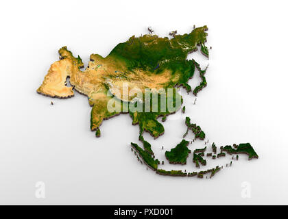 Realistic 3D Extruded Map of Asian Continent (including Indian sub-continent, East Asia, Russia and Middle-East) Stock Photo