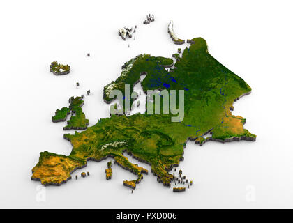 Realistic 3D Extruded Map of the European Continent (inclusive of Western Europe,Eastearn Europe,and western part of Russia) Stock Photo