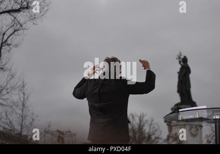 March 18, 2017 - Paris, France: Far-Left leader Jean-Luc Melenchon addresses his supporters during a mass campaign rally in Place de la Republique. More than 100 000 people attend his march for a sixth Republic between Bastille and Republique in central Paris, five weeks before the first round of the French presidential election.  Le leader de la France Insoumise, Jean-Luc Melenchon, lors d'un meeting geant organise place de la Republique a Paris dans le cadre de la campagne presidentielle 2017. *** FRANCE OUT / NO SALES TO FRENCH MEDIA *** Stock Photo