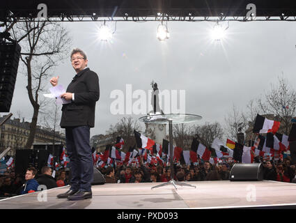 March 18, 2017 - Paris, France: Far-Left leader Jean-Luc Melenchon addresses his supporters during a mass campaign rally in Place de la Republique. More than 100 000 people attend his march for a sixth Republic between Bastille and Republique in central Paris, five weeks before the first round of the French presidential election. Le leader de la France Insoumise, Jean-Luc Melenchon, lors d'un meeting geant organise place de la Republique a Paris dans le cadre de la campagne presidentielle 2017. *** FRANCE OUT / NO SALES TO FRENCH MEDIA *** Stock Photo