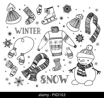 Hand drawn winter doodle set. Design elements collection: knitted caps, scarf, sweater, mittens, socks, ice skates and snowman Vector illustration isolated on white. Design elements collection. Stock Vector