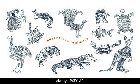 Stylized australian animals collection. Tribal animals from Australia set on white background. Stock Vector