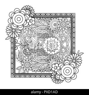 Adult coloring page with flowers pattern. Black and white doodle wreath. Floral mandala. Bouquet line art vector illustration isolated on white background. Stock Vector