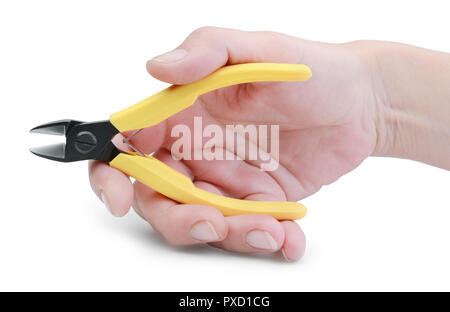 Side cutters in hand isolated on white background Stock Photo