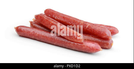 Heap of small smoked sausages isolated on white background Stock Photo