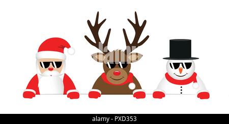 cute reindeer santa claus and snowman cartoon with sunglasses for christmas vector illustration EPS10 Stock Vector