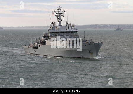 The survey vessel HMS Enterprise arrives at Portsmouth, UK on 13th October 2018 prior to joining NATO exercise Trident Juncture in Norway Stock Photo