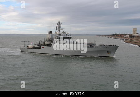 The survey vessel HMS Enterprise arrives at Portsmouth, UK on 13th October 2018 prior to joining NATO exercise Trident Juncture in Norway Stock Photo