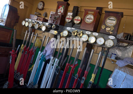 The Midford station signal box, from the disused Somerset & Dorset Railway line, now sited at Washford station,Somerset,on the West Somerset Railway Stock Photo