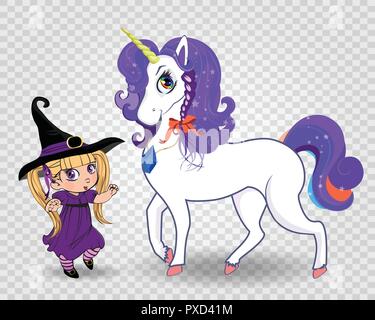 Cute baby witch girl in black hat and purple costume standing together with beautiful kawaii magical unicorn isolated. Halloween characters for clip a Stock Vector