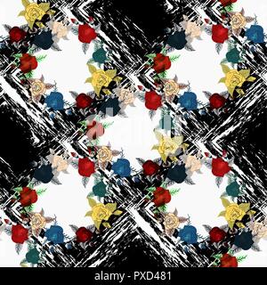 Shabby chic vintage roses, tulips and forget-me-nots vintage seamless pattern, classic chintz floral repeat background for web and print Stock Vector