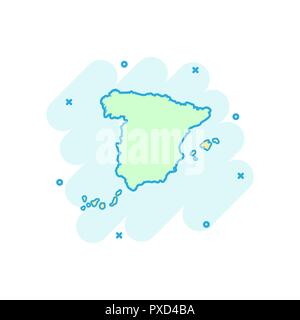 Vector cartoon Spain map icon in comic style. Spain sign illustration pictogram. Cartography map business splash effect concept. Stock Vector