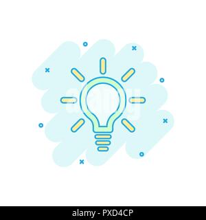 Vector cartoon light bulb icon in comic style. Electric lamp sign illustration pictogram. Idea lightbulb business splash effect concept. Stock Vector
