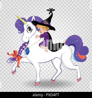 Cute baby witch girl in black hat and purple costume riding beautiful magical unicorn isolated. Halloween vector clip art characters for greeting card Stock Vector