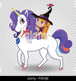 Cute baby witch girl in black hat and purple costume riding beautiful magical unicorn isolated. Halloween vector clip art characters for greeting card Stock Vector