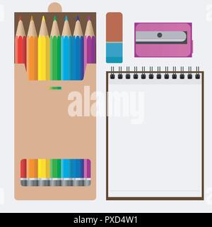 Set of artist: pencils, eraser, notebook. Vector illustration. Stock Vector