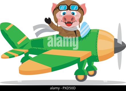 The pig on the plane. Vector illustration isolated on white background. Stock Vector