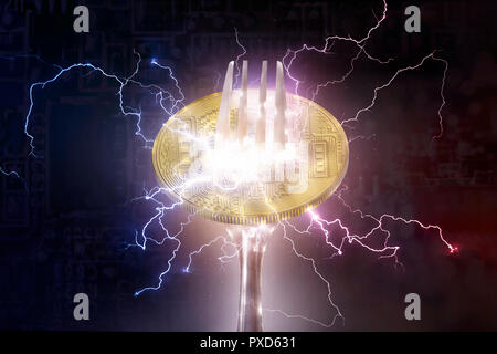 Bitcoin or altcoin digital cryptocurrency hard fork change concept.   and lightning network Stock Photo