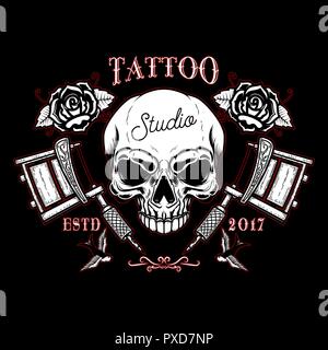 tattoo studio emblem template. Crossed tattoo machine, skull. Design element for logo, label, sign, poster, t shirt. Vector illustration Stock Vector