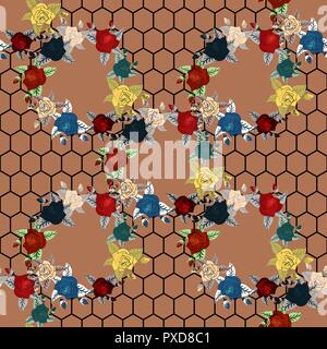Flowers. Poppy, wild roses, cornflower with leaves on dark. Seamless background pattern. Hand drawn. Watercolor. Vector - stock. Stock Vector