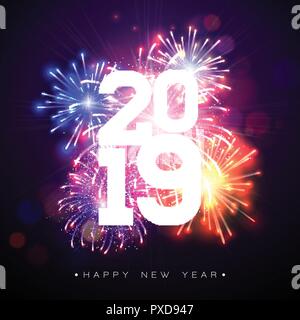 2019 Happy New Year illustration with fireworks and number on dark background. Holiday design for flyer, greeting card, banner, celebration poster, party invitation or calendar. Stock Vector