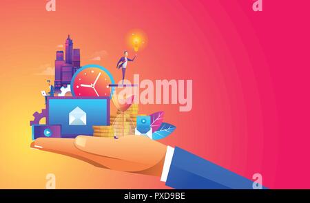 Hand holding a business ,digtal object and with a contemporary smart city and apps icons. Augmented reality and internet of things concept Stock Vector