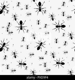 Ant seamless pattern. Black and white vector seamless pattern with ants. Animal background Stock Vector