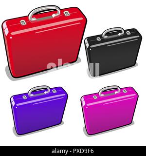 A set of briefcases in different colors isolated on a white background. Vector illustration. Stock Vector