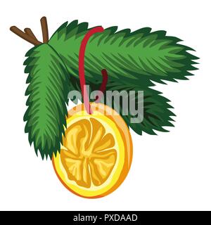 Christmas toy in the form of a slice of orange hanging on a fir branch isolated on white background. Vector illustration. Stock Vector