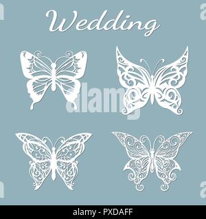 Image with the inscription-wedding. Template with vector illustration of butterflies. For laser cutting, plotter and silkscreen printing Stock Vector