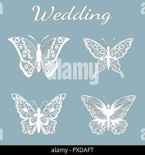Image with the inscription-wedding. Template with vector illustration of butterflies. For laser cutting, plotter and silkscreen printing Stock Vector