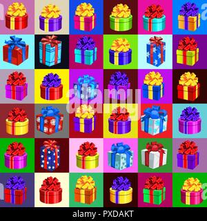 Poster with attributes of the New Year and Christmas. Sketch for stickers, party invitation, card, seamless texture for wrapping paper on theme of holiday gifts. Vector cartoon close-up illustration. Stock Vector