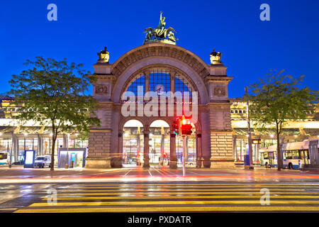 Town of Lucerne old train station arch evening view, landmarks of Switzerland Stock Photo