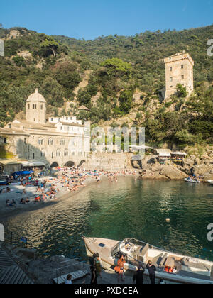 San Fruttuoso cove with a medieval Abbey, Liguria region, Italy. Stock Photo
